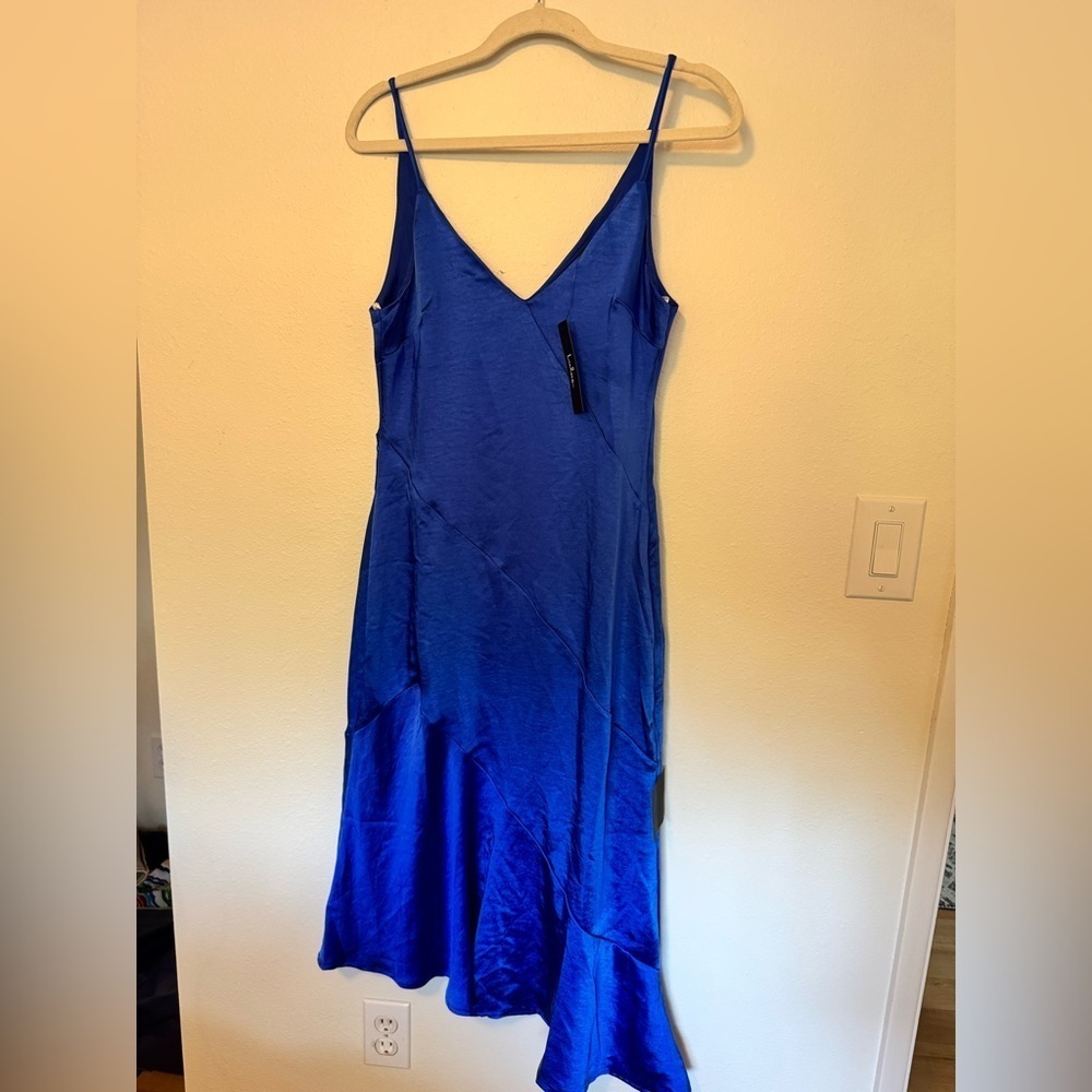 NEW Lulus Instinct Cobalt Asymmetrical Slip Midi Dress Blue Satin Small NWT - Picture 4 of 9
